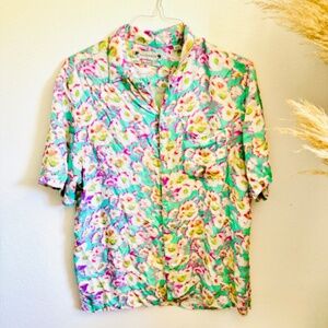 MENS ALLSAINTS Green Pink Tan Floral White Button Down Short Sleeve Shirt Top L